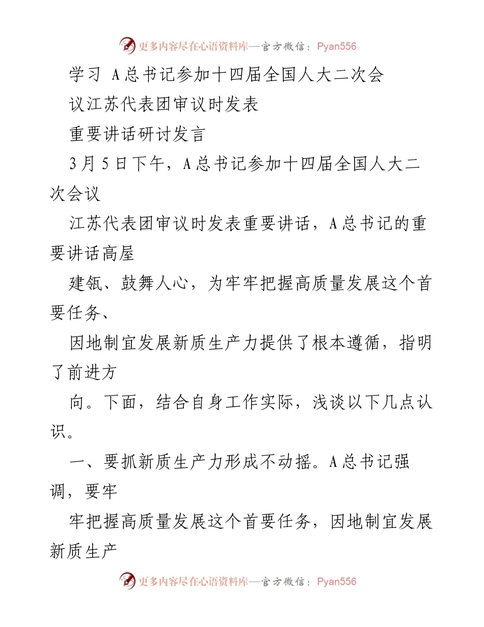 [发言] 全国人大二次会议 - 深入学习A总书记重要讲话，推动高质量发展与新质生产力建设.docx_第1页