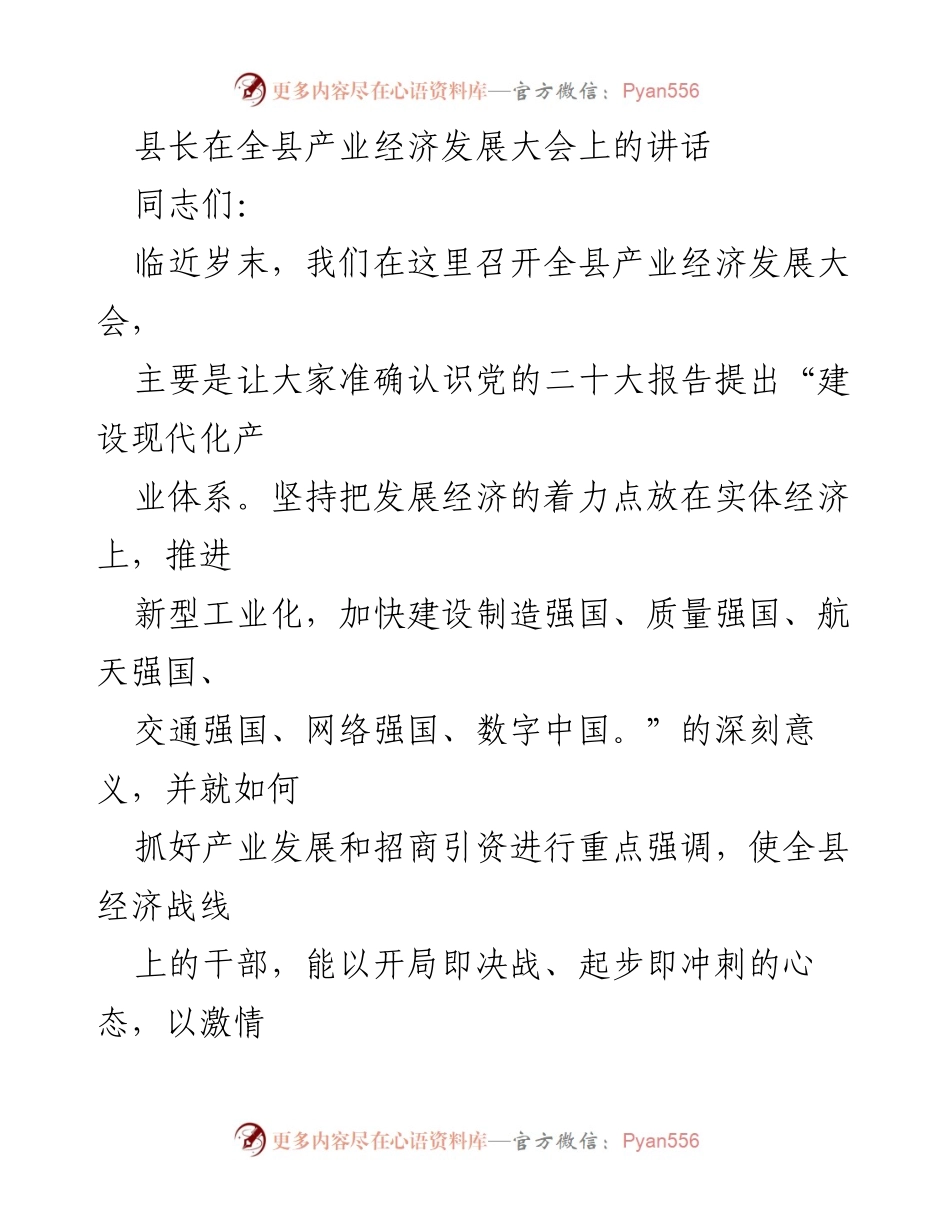 [发言] 全县产业经济发展大会 - 加快推进高质量产业发展，助力经济转型升级.docx_第1页