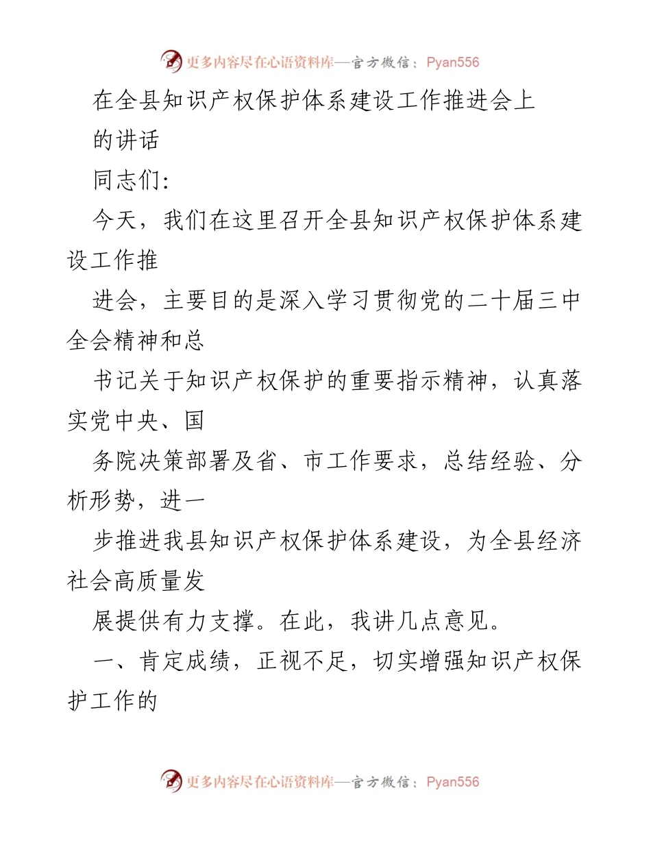 [发言] 全县知识产权保护体系建设工作推进会 - 加强知识产权保护，推动经济高质量发展.docx_第1页