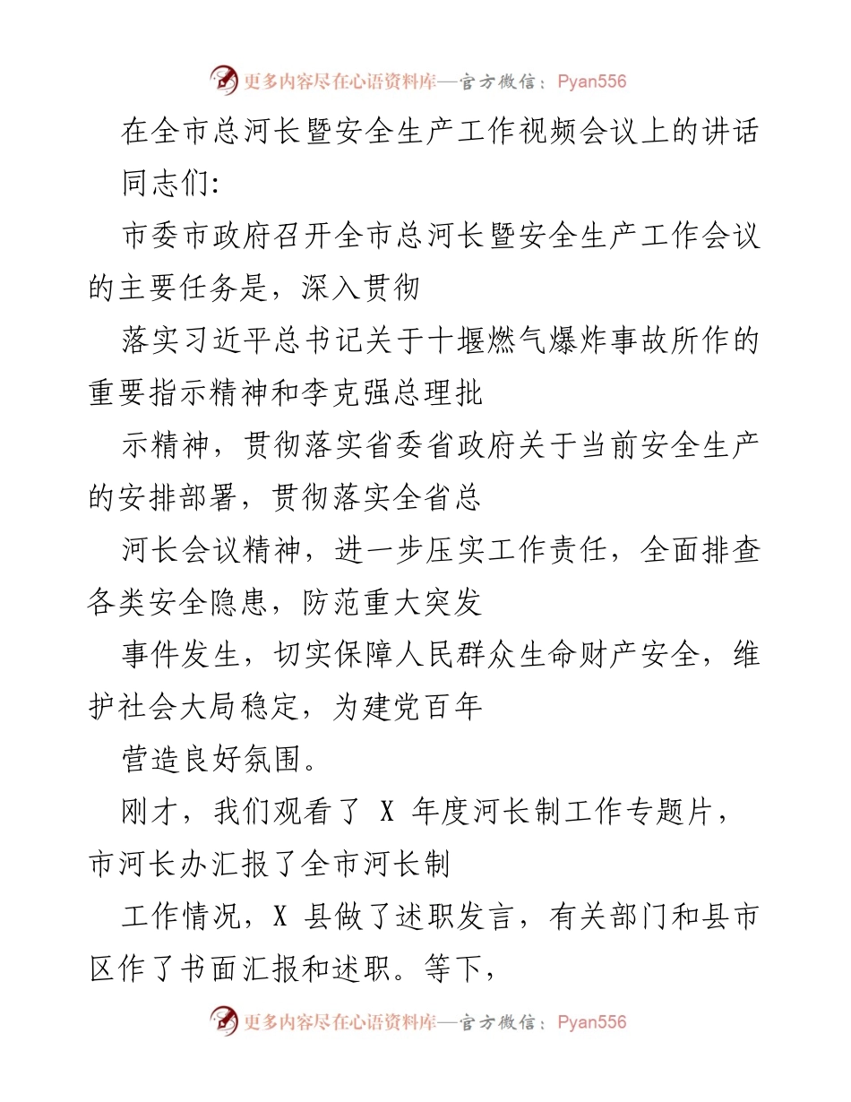 [发言] 全市总河长暨安全生产工作视频会议 - 强化河长制与安全生产工作，保障人民生命财产安全.docx_第1页