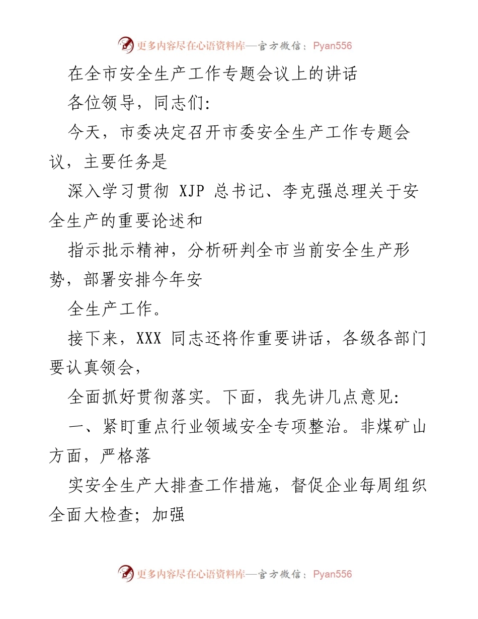 [发言] 全市安全生产工作专题会议 - 加强安全生产工作，确保公众安全.docx_第1页