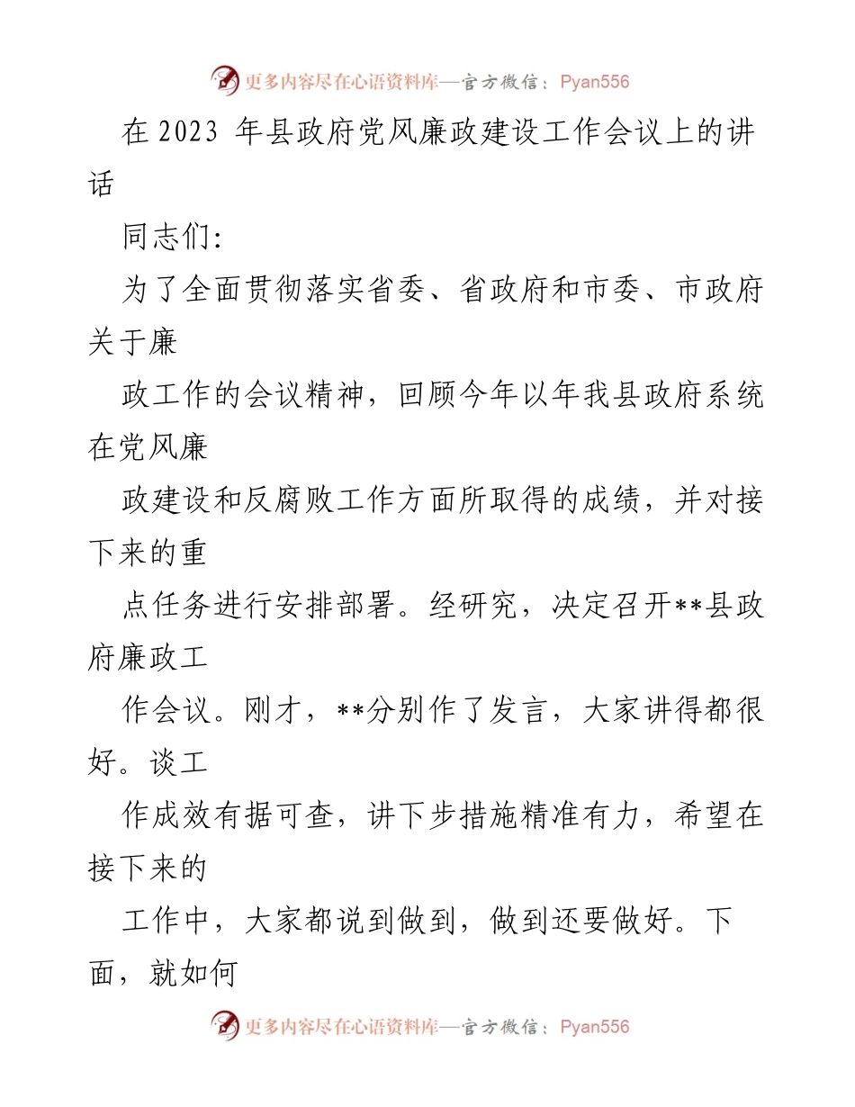 [发言] 党风廉政建设工作会议 - 强化党风廉政建设，确保政府系统高效运转.docx_第1页