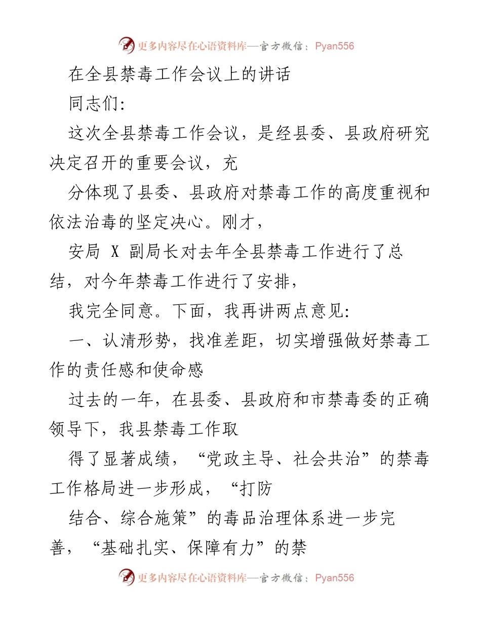 [发言] 全县禁毒工作会议 - 加强禁毒工作责任感与综合治理措施.docx_第1页
