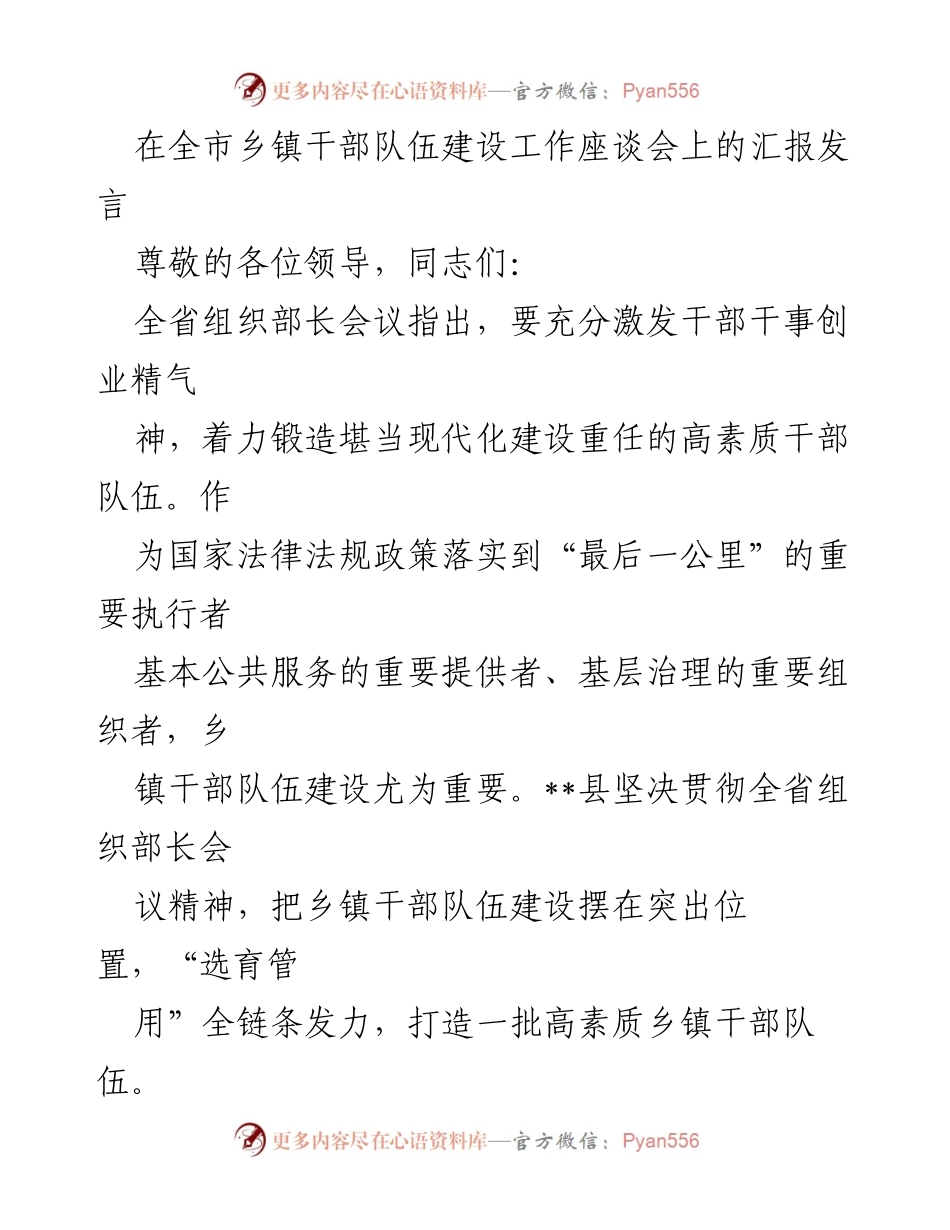 [发言] 全市乡镇干部队伍建设工作座谈会 - 强化乡镇干部队伍建设，提升服务能力与管理水平.docx_第1页