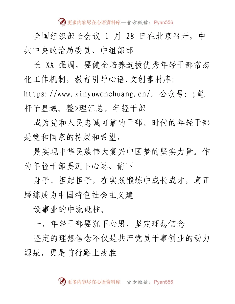 [发言] 全国组织部长会议 - 强调年轻干部要坚定信念、为民服务、担当责任.docx_第1页