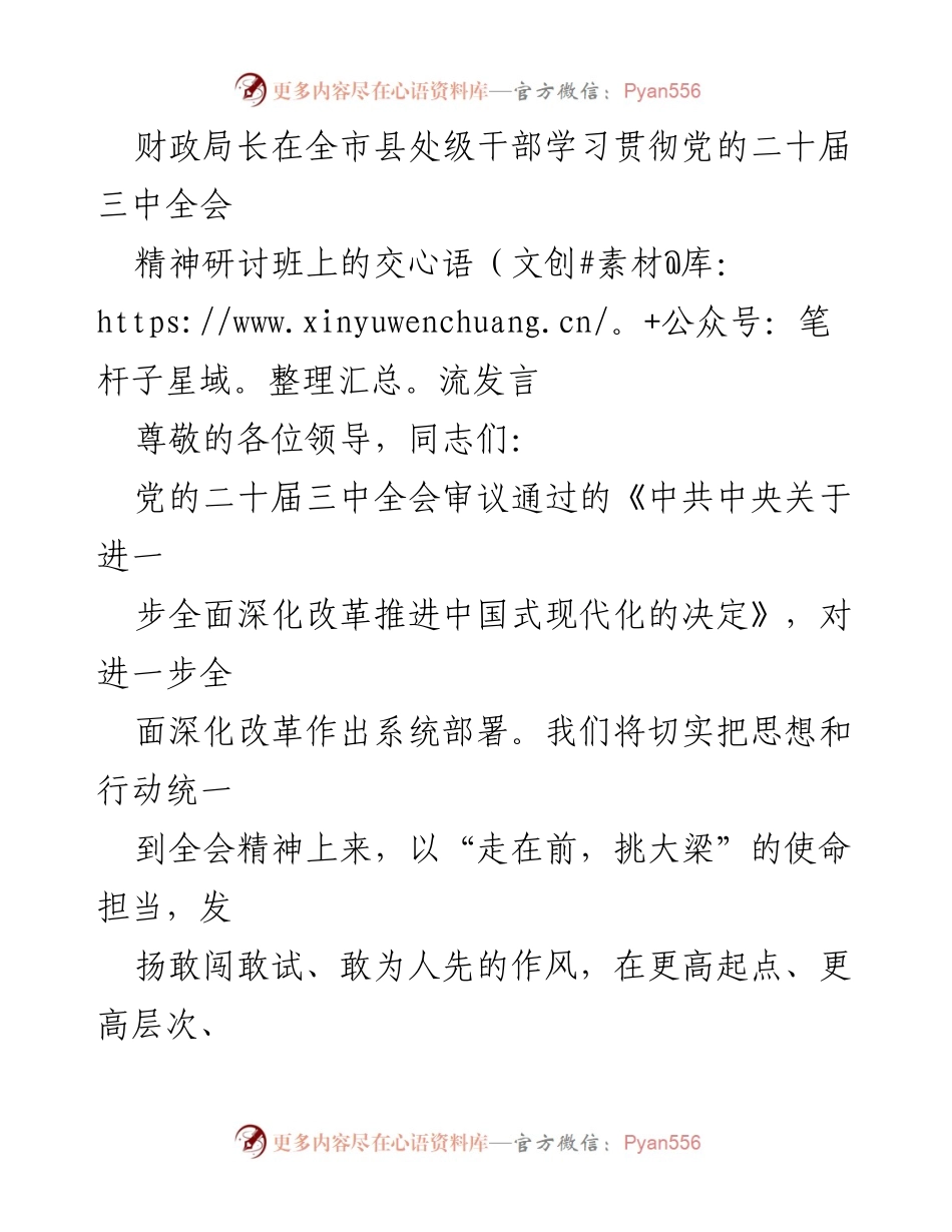 [发言] 全市县处级干部学习贯彻党的二十届三中全会精神研讨班 - 深化改革推动中国式现代化的财政担当.docx_第1页