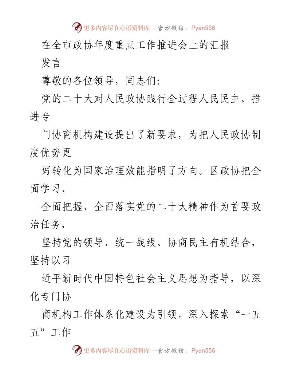 [发言] 全市政协年度重点工作推进会 - 深入学习党的二十大精神，推动政协高质量发展.docx_第1页