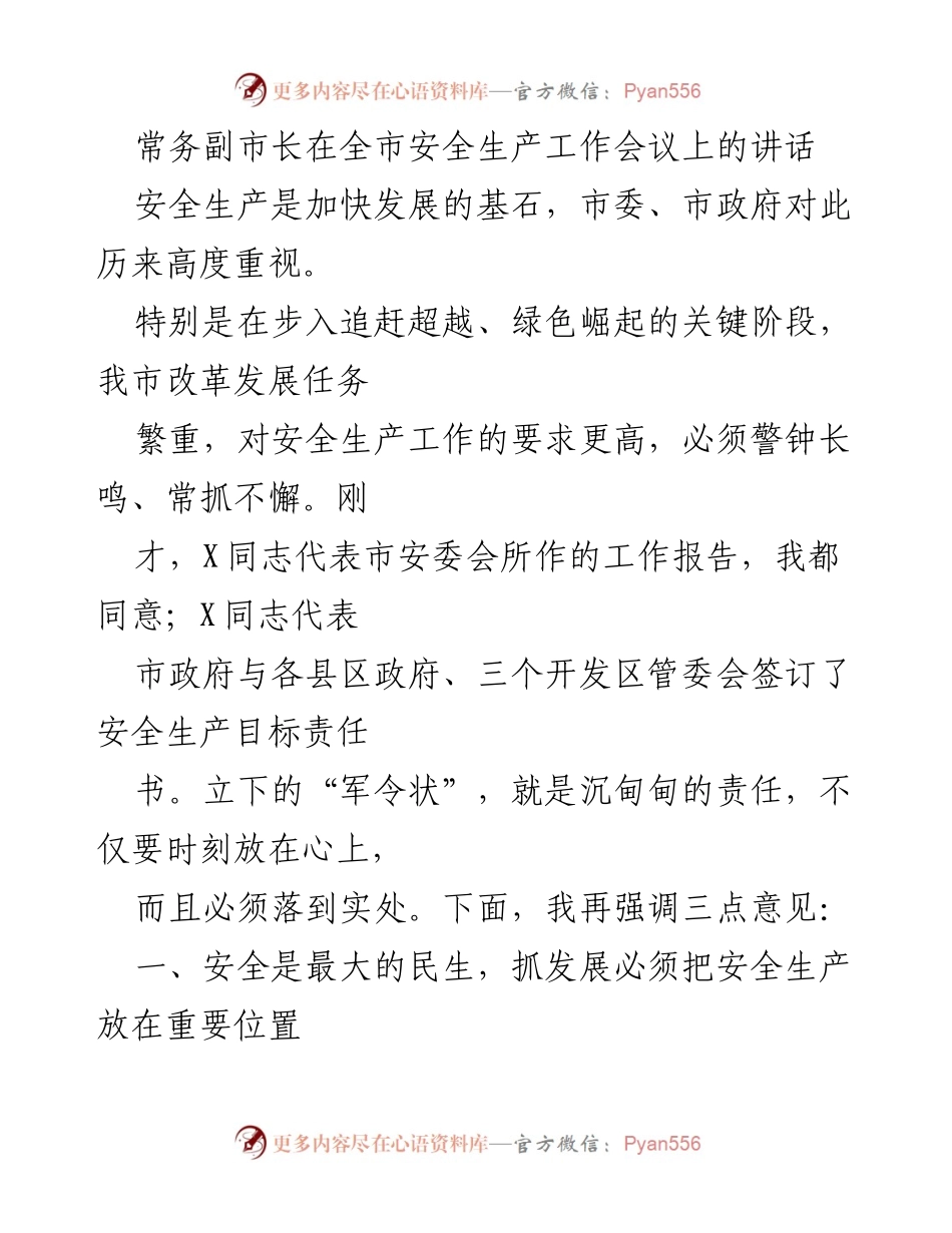 [发言] 全市安全生产工作会议 - 加强安全生产责任，保障人民生命财产安全.docx_第1页