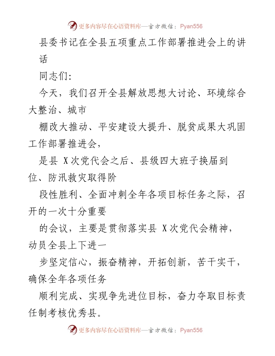 [发言] 全县五项重点工作部署推进会 - 强化思想解放，推动五项重点工作落实.docx_第1页