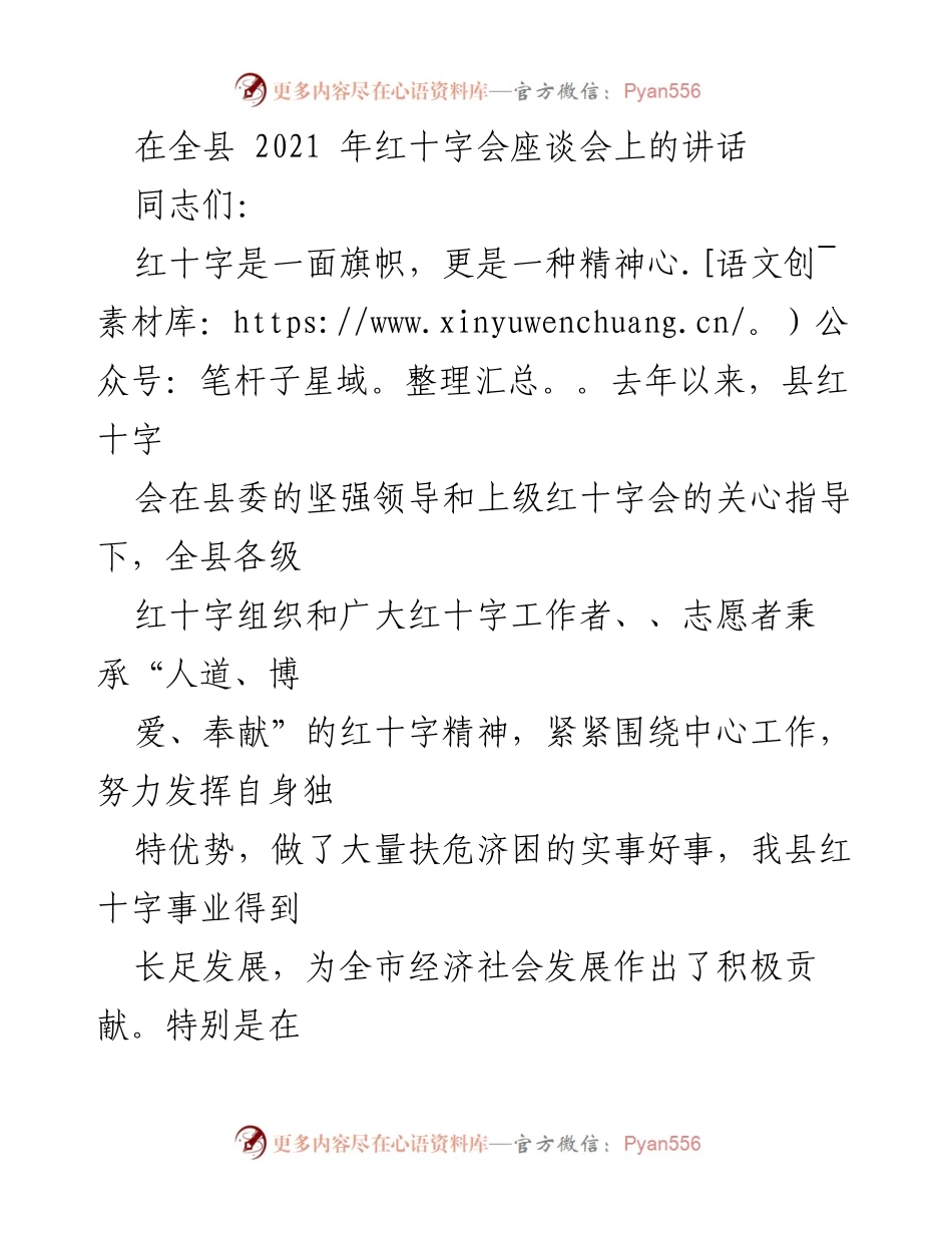 [发言] 全县红十字会座谈会 - 发扬红十字精神，助力经济社会发展.docx_第1页