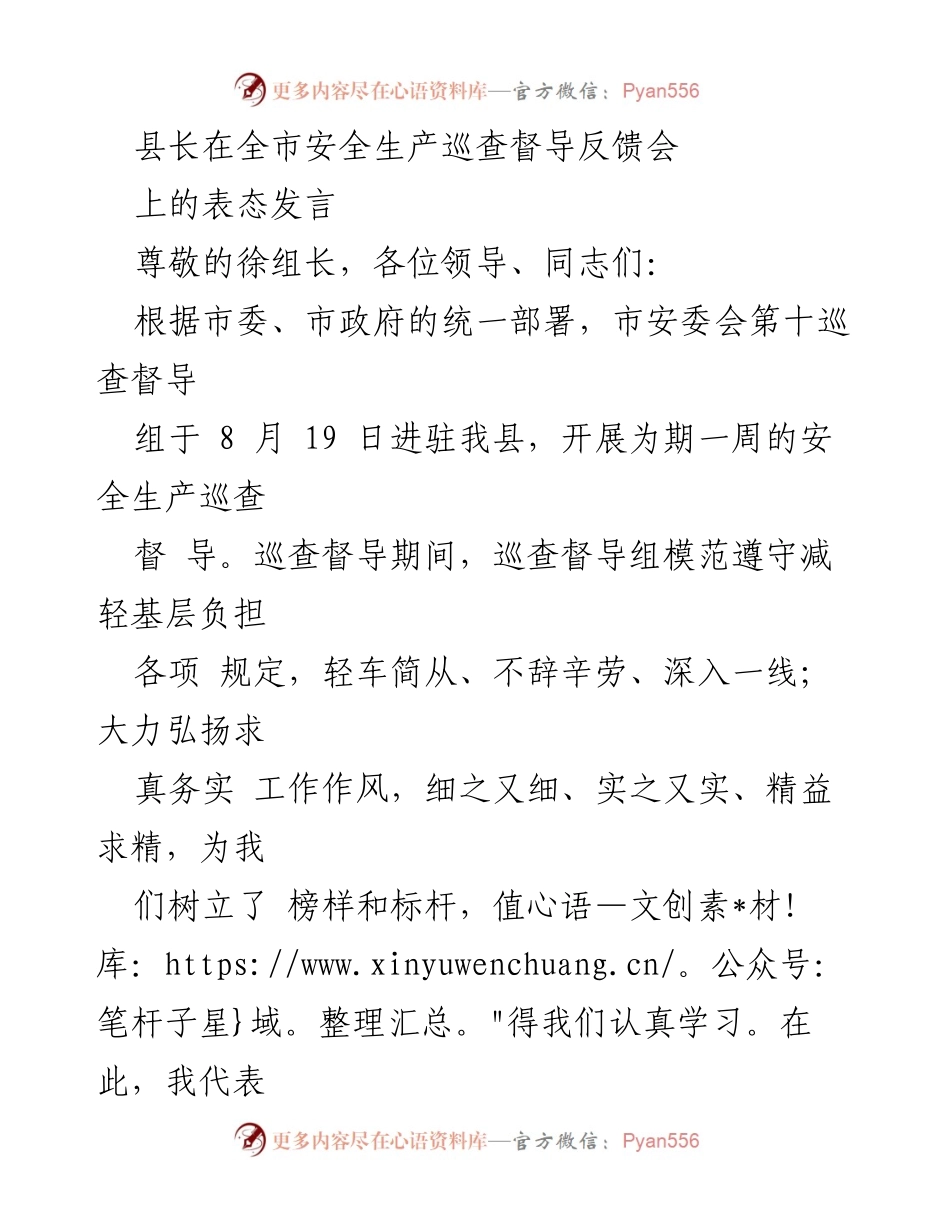[发言] 全市安全生产巡查督导反馈会 - 县长在安全生产巡查反馈会上的表态发言.docx_第1页