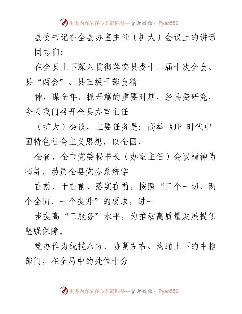 [发言] 全县办室主任（扩大）会议 - 提升党办工作水平，服务高质量发展.docx_第1页