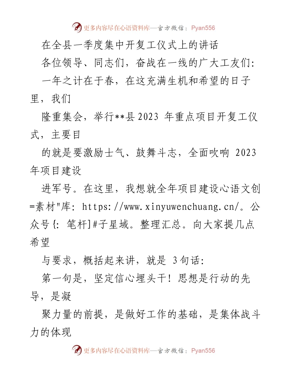 [发言] 全县一季度集中开复工仪式 - 全力以赴推进项目建设，激励士气再创佳绩.docx_第1页