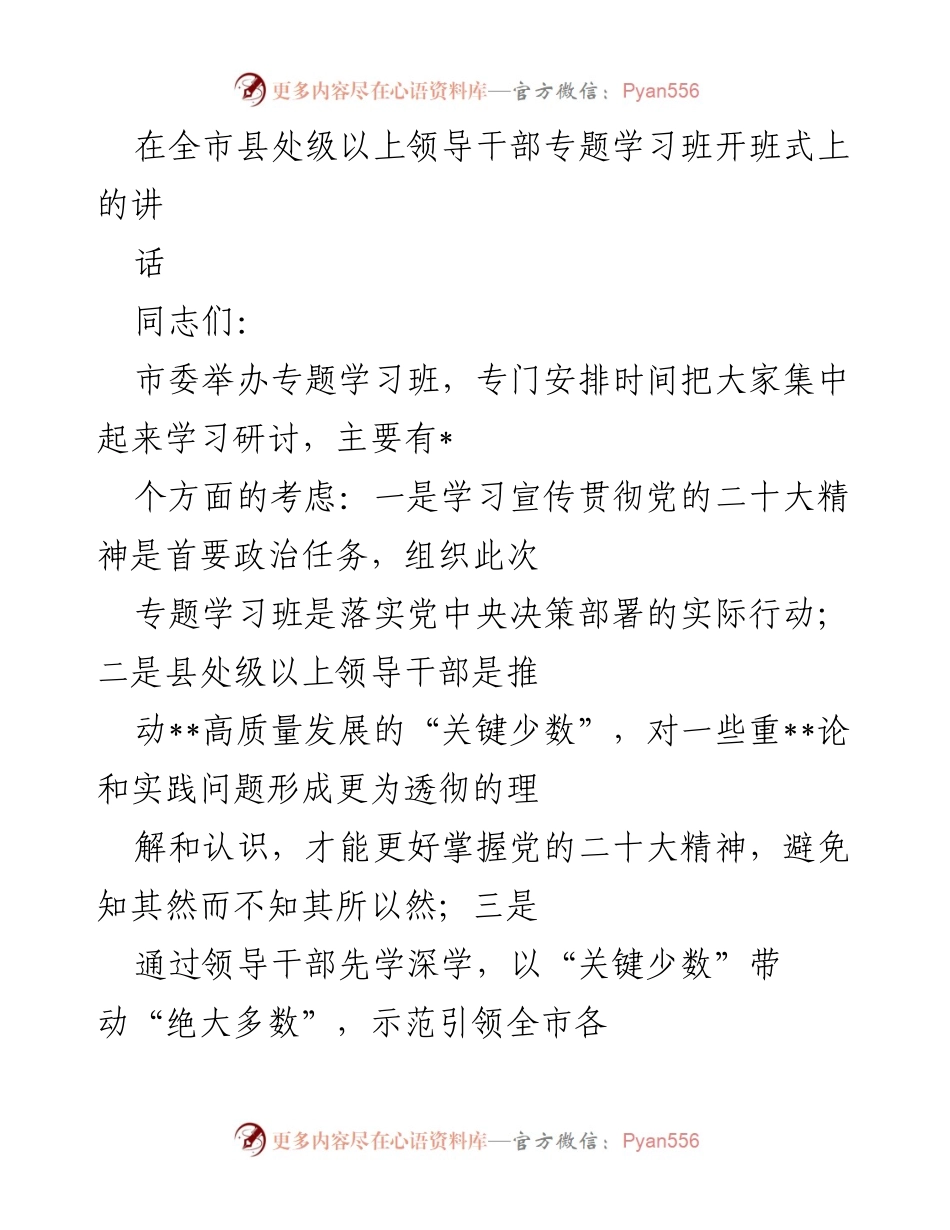 [发言] 全市县处级以上领导干部专题学习班开班式 - 学习贯彻党的二十大精神的重要性与实践路径.docx_第1页