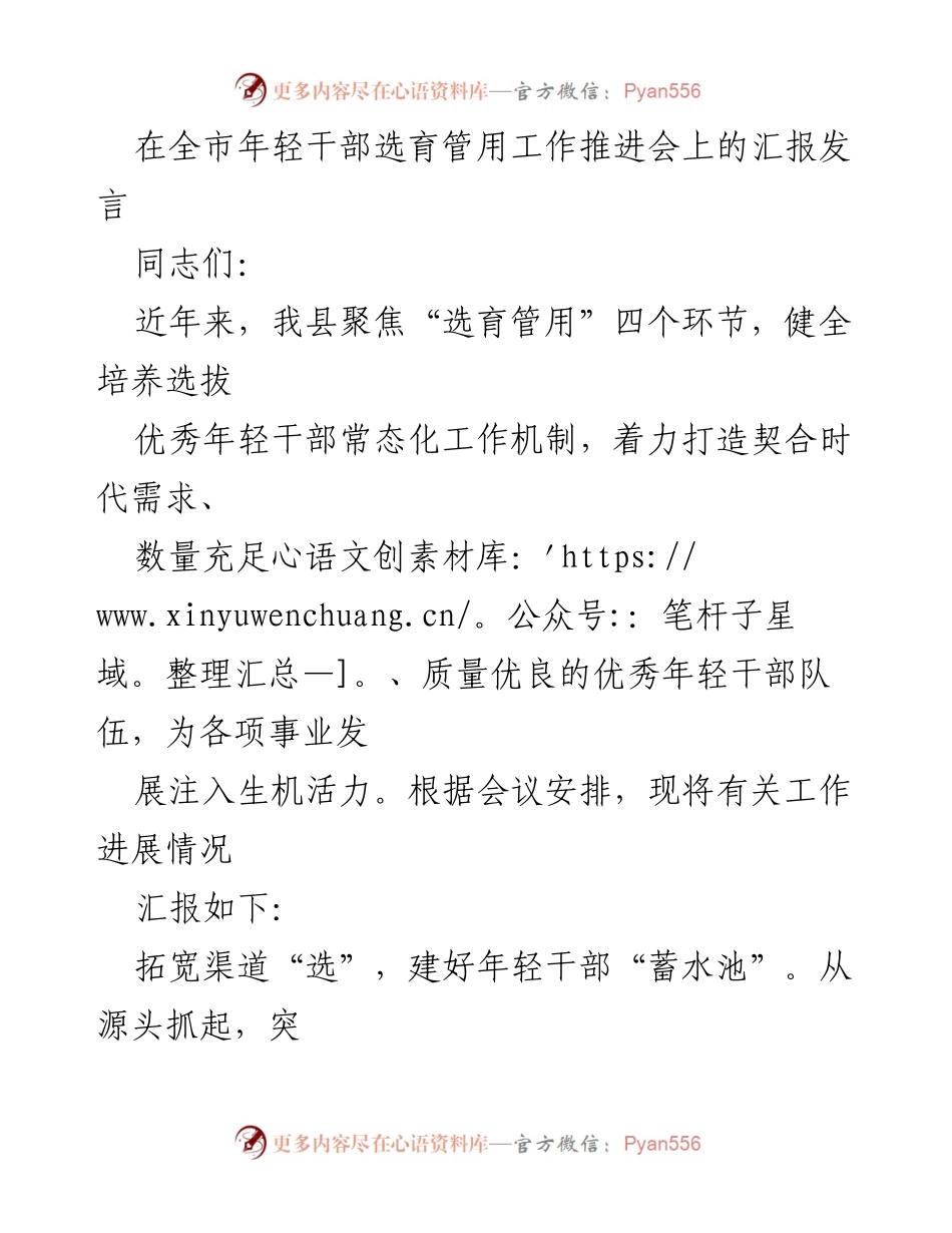 [发言] 全市年轻干部选育管用工作推进会 - 加强年轻干部选育管用机制，助力事业发展.docx_第1页