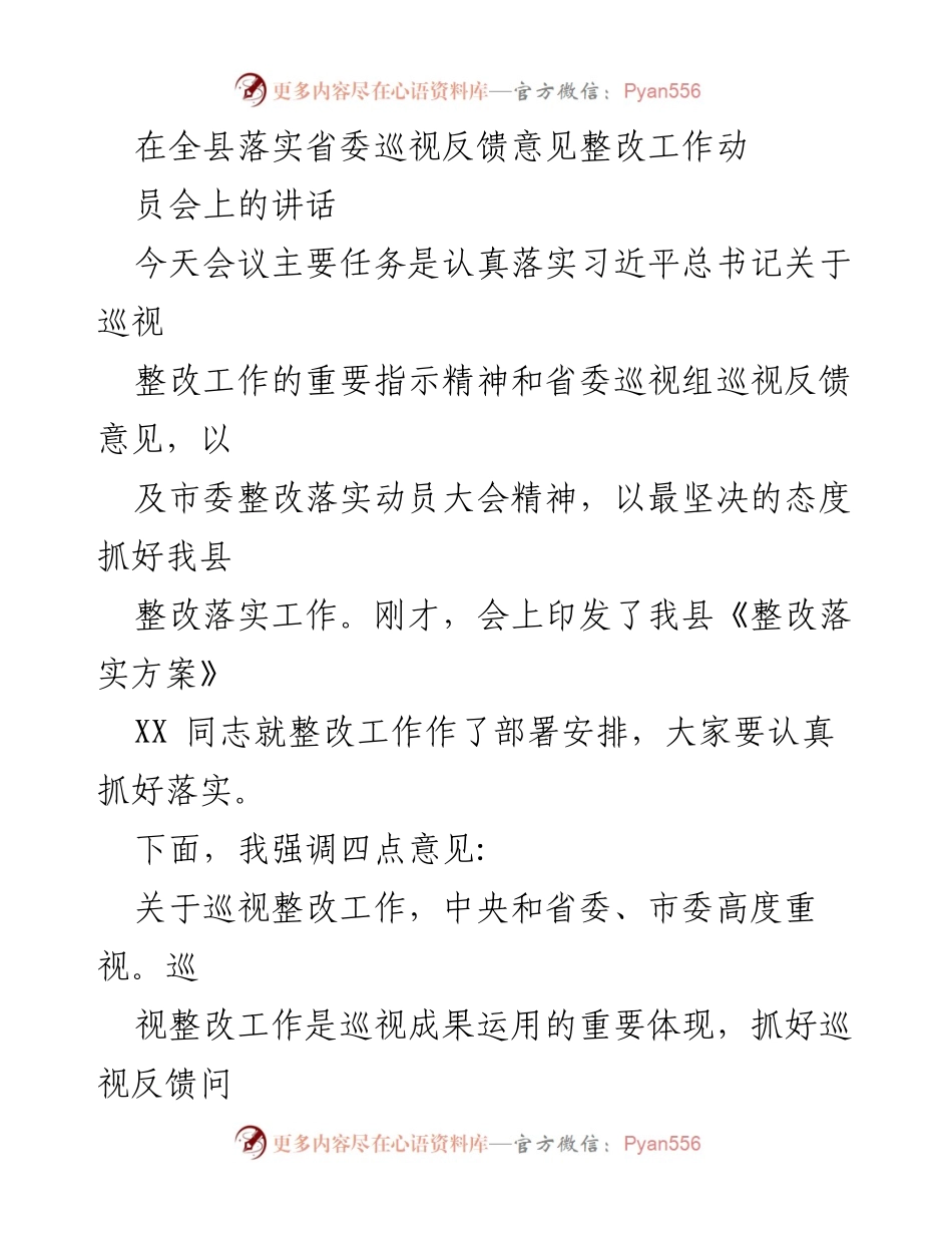 [发言] 全县巡视整改工作动员会 - 强化巡视整改落实，推动高质量发展.docx_第1页