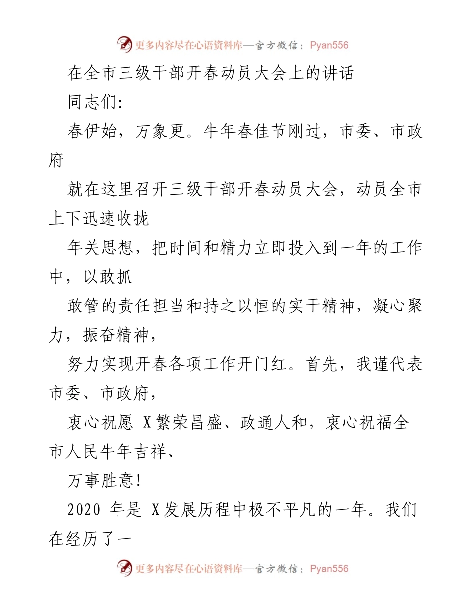 [发言] 全市三级干部开春动员大会 - 开春动员：凝心聚力，奋力开创牛年新局面.docx_第1页
