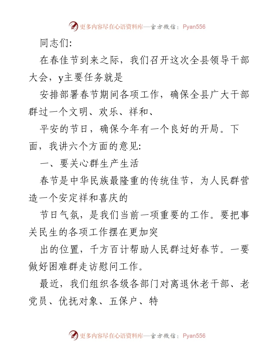 [发言] 全县领导干部大会 - 春节期间工作安排与社会稳定保障.docx_第1页