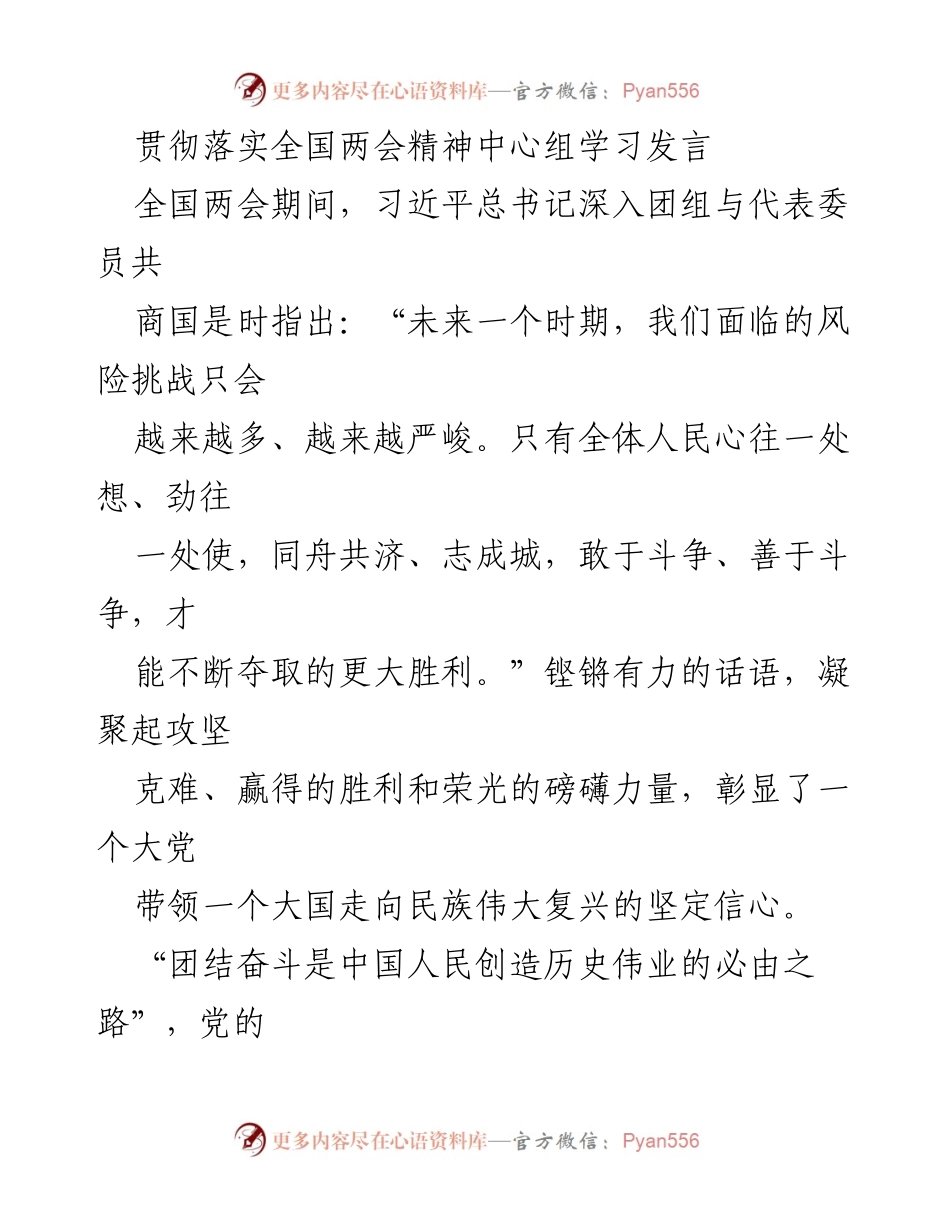 [发言] 全国两会 - 团结奋斗：应对风险挑战的时代要求与实践.docx_第1页