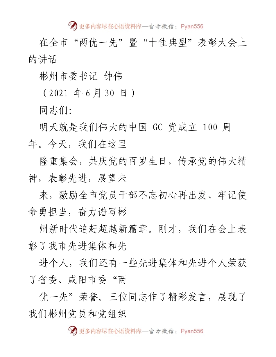 [发言] 全市“两优一先”暨“十佳典型”表彰大会 - 彬州市委书记钟伟在党的百年庆典上的讲话.docx_第1页