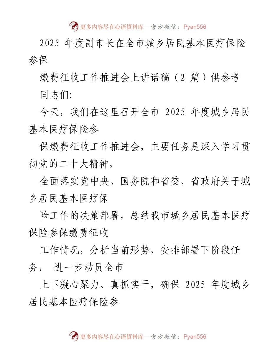 [发言] 全市城乡居民基本医疗保险参保缴费征收工作推进会 - 2025年度城乡居民基本医疗保险工作推进讲话稿.docx_第1页