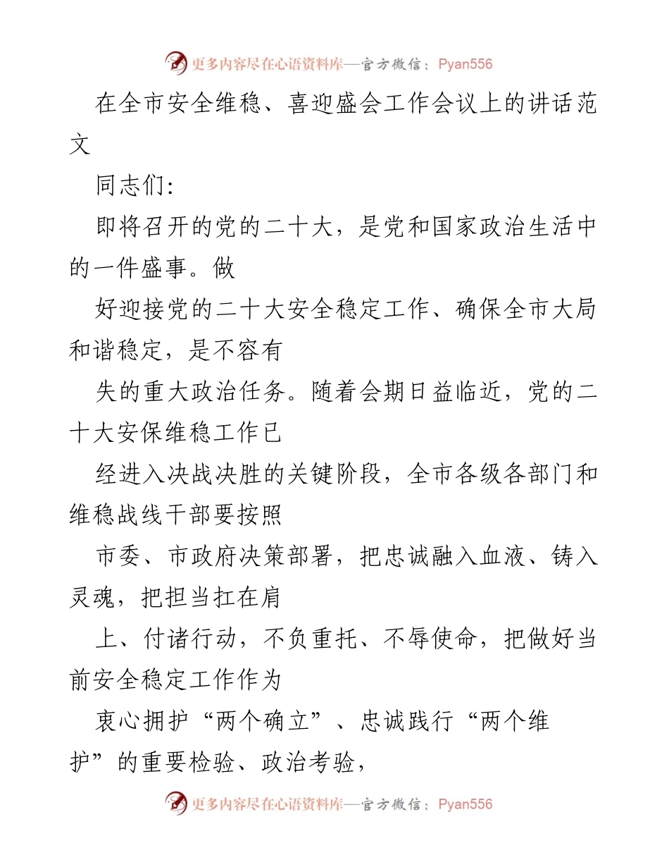 [发言] 全市安全维稳、喜迎盛会工作会议 - 确保党的二十大安全稳定工作的关键措施.docx_第1页