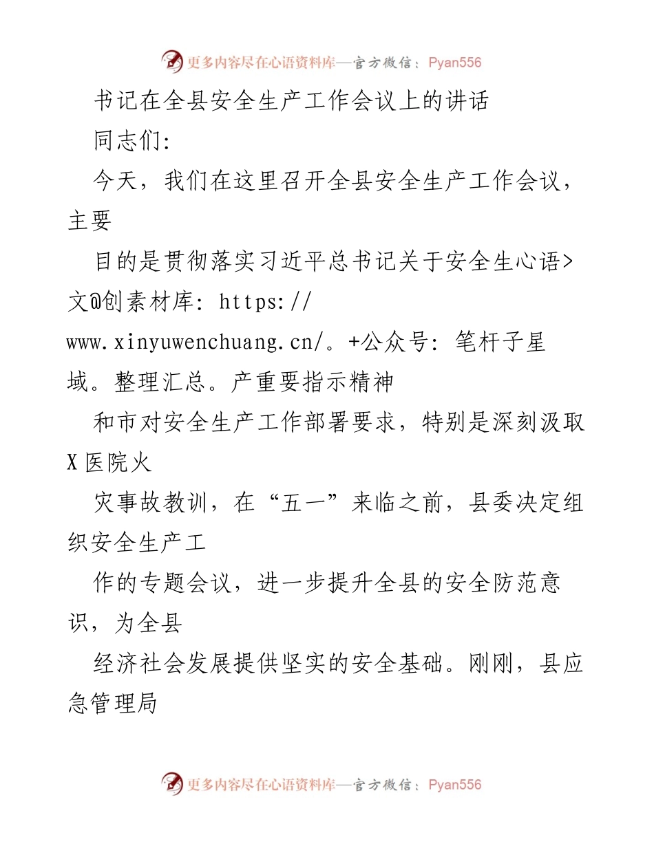 [发言] 全县安全生产工作会议 - 强化安全生产意识，保障经济社会发展.docx_第1页