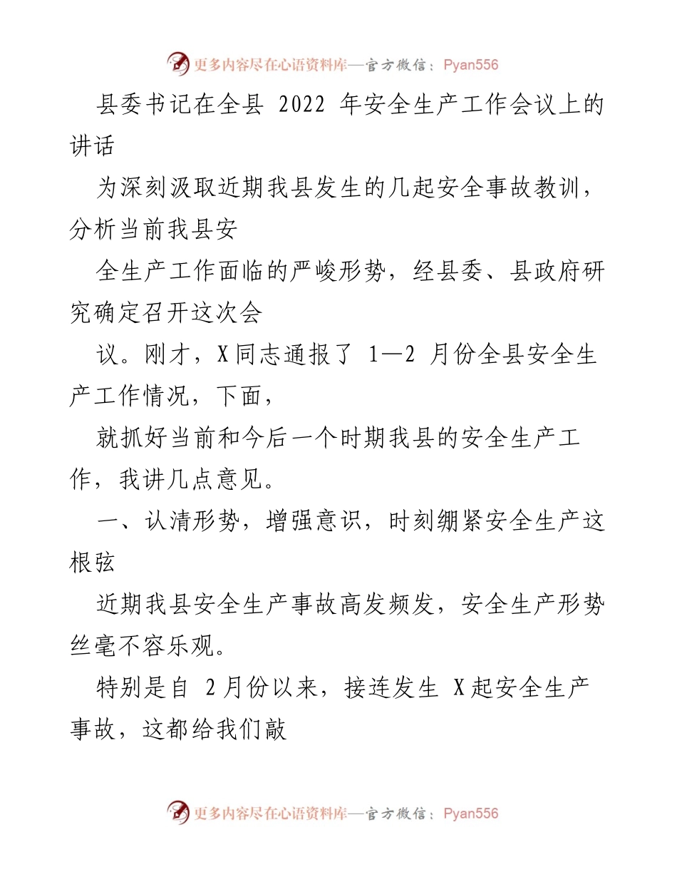 [发言] 全县安全生产工作会议 - 加强安全生产意识，落实责任与措施.docx_第1页