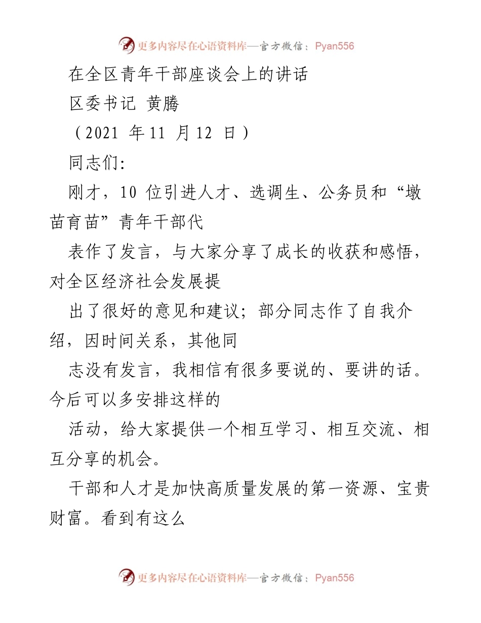 [发言] 全区青年干部座谈会 - 提升青年干部三力，助力高质量发展.docx_第1页