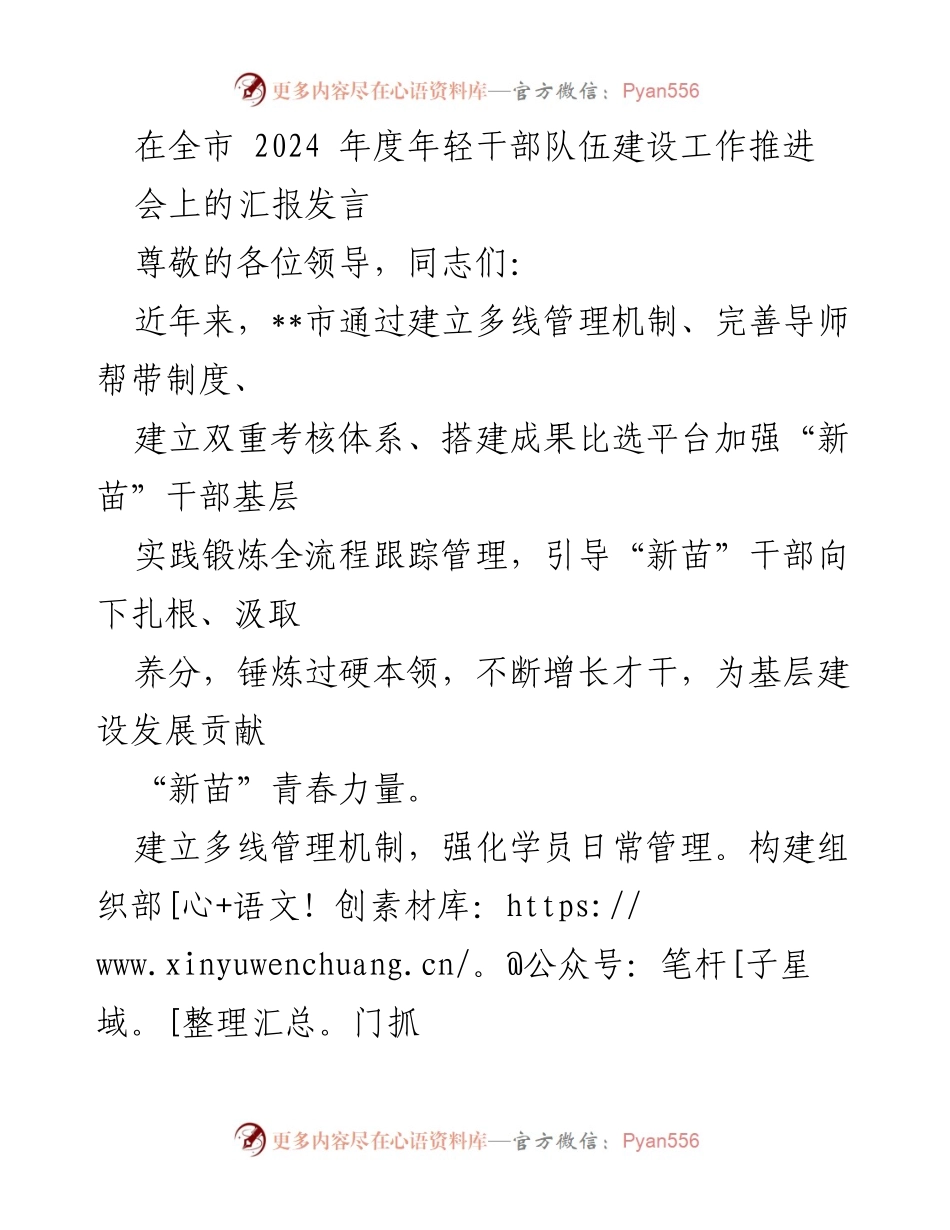 [发言] 全市2024年度年轻干部队伍建设工作推进会 - 加强年轻干部培养，推动基层建设新力量.docx_第1页