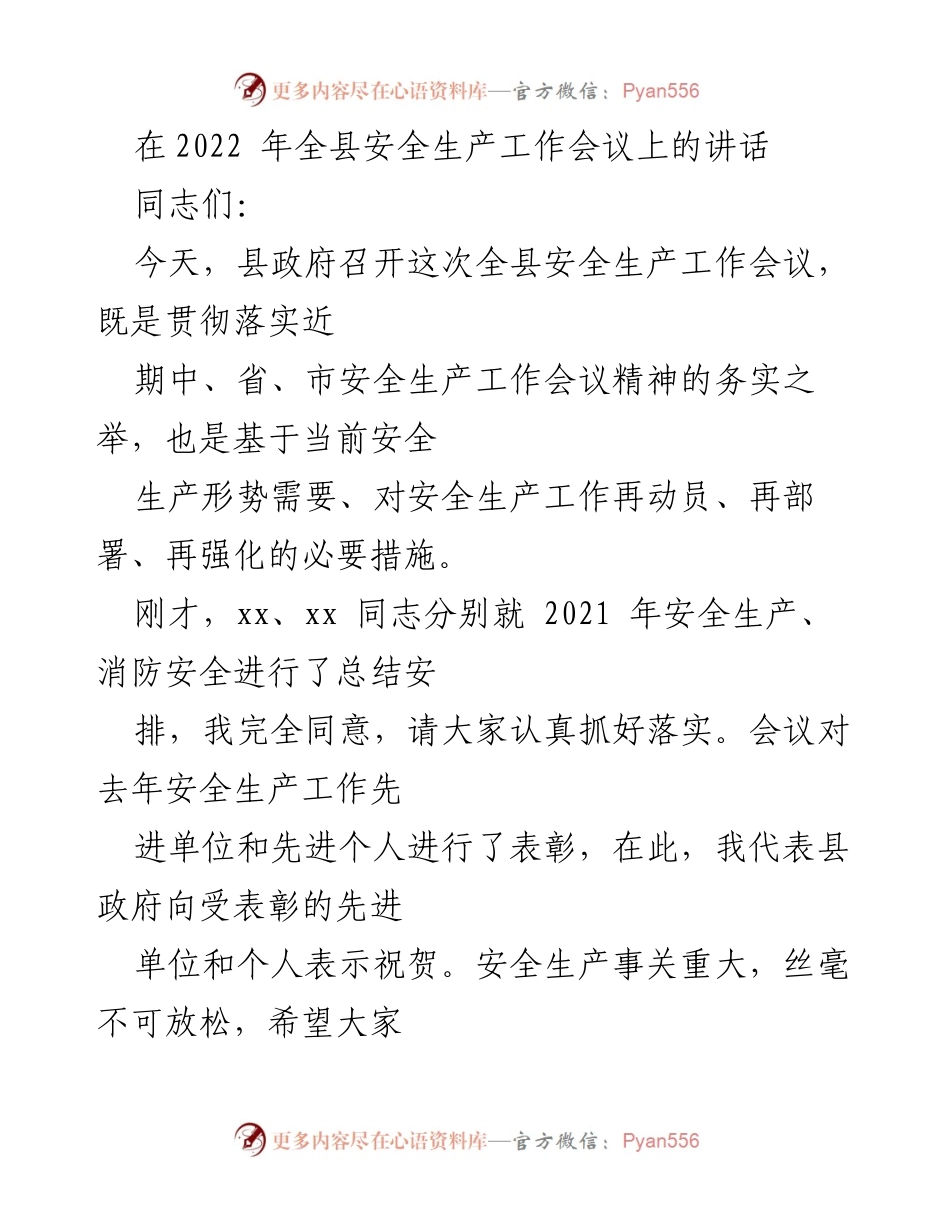 [发言] 全县安全生产工作会议 - 强化安全生产意识，确保无重大事故发生.docx_第1页