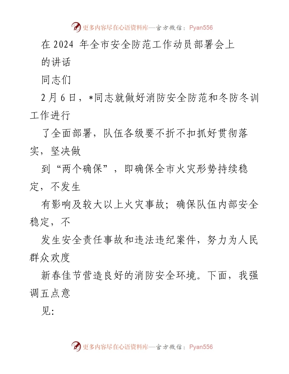 [发言] 全市安全防范工作动员部署会 - 加强消防安全防范 确保新春佳节安全稳定.docx_第1页