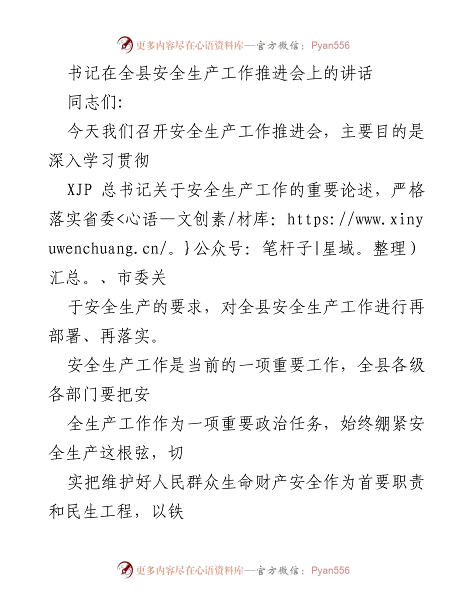 [发言] 全县安全生产工作推进会 - 强化安全生产责任，确保人民生命财产安全.docx_第1页