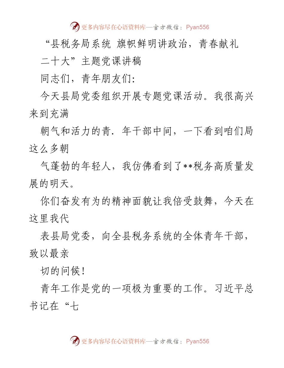 [发言] 党课活动 - 青年干部的使命与责任：旗帜鲜明讲政治，青春献礼二十大.docx_第1页
