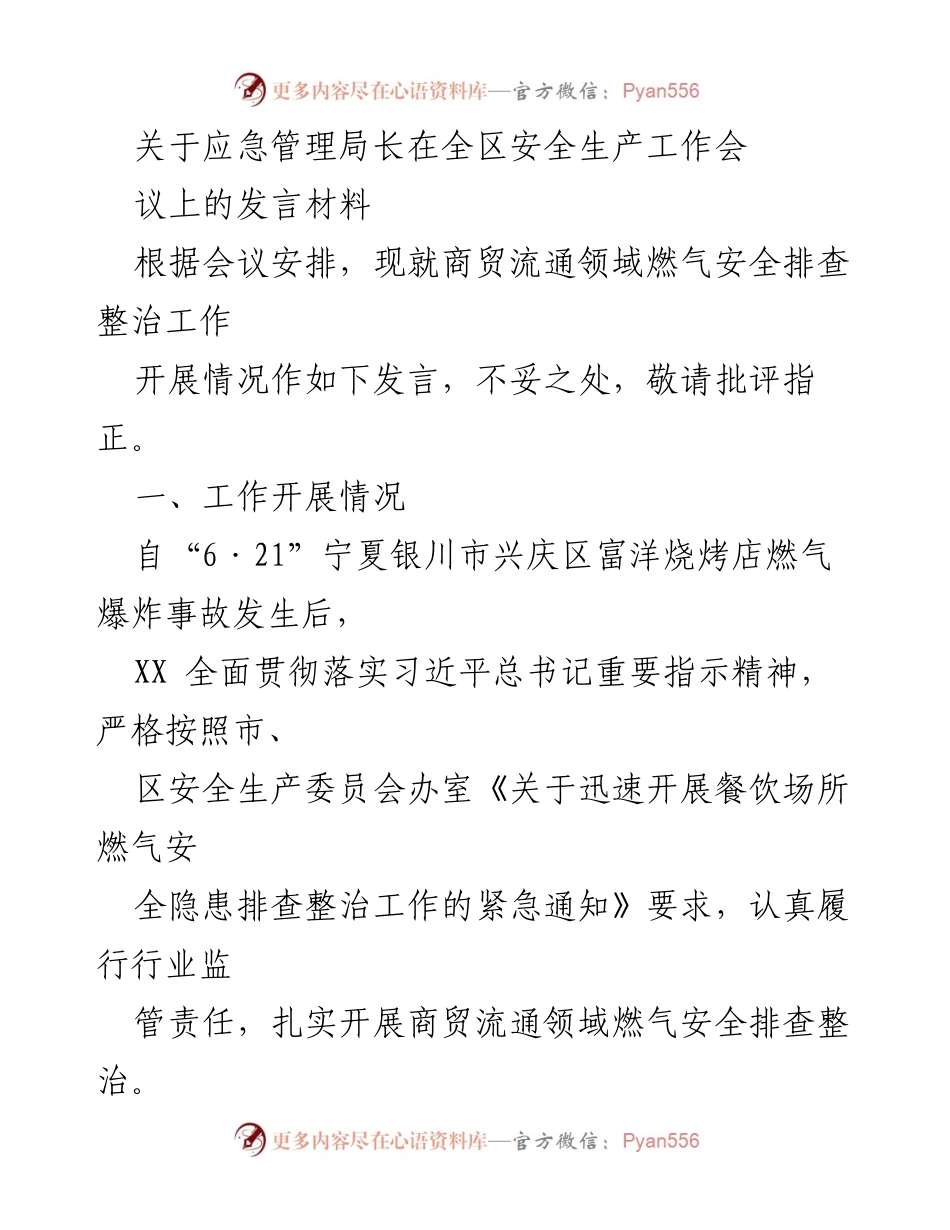 [发言] 全区安全生产工作会议 - 燃气安全排查整治工作发言材料.docx_第1页