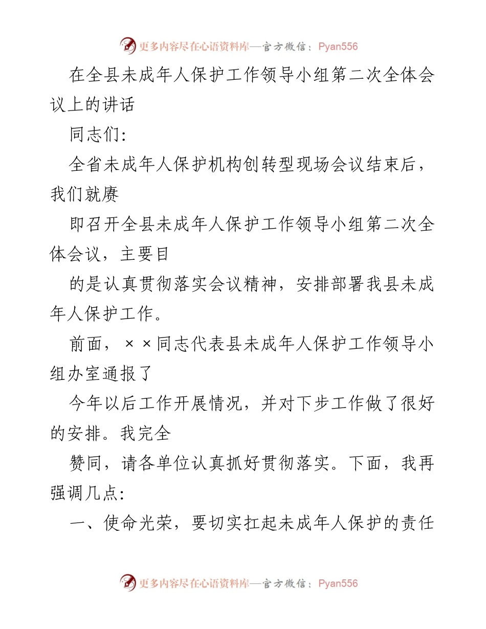 [发言] 全县未成年人保护工作领导小组第二次全体会议 - 强化责任与举措，确保未成年人保护工作落实.docx_第1页
