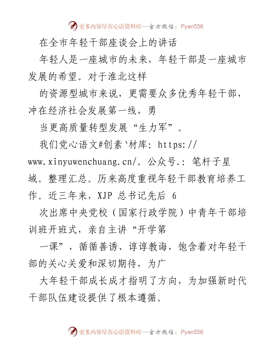 [发言] 全市年轻干部座谈会 - 强调年轻干部在城市转型发展中的重要性与责任.docx_第1页