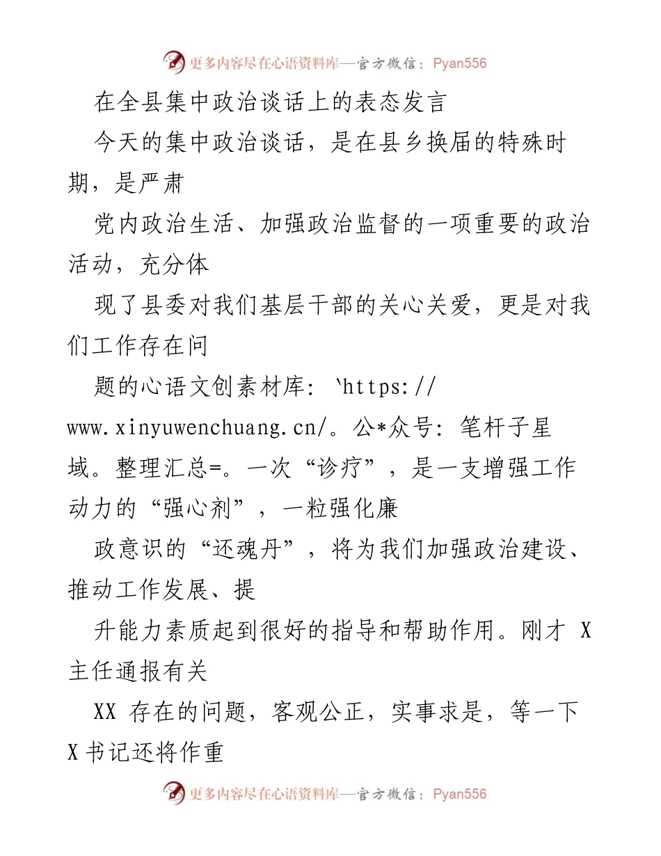 [发言] 全县集中政治谈话 - 增强政治意识，主动整改问题的表态发言.docx_第1页