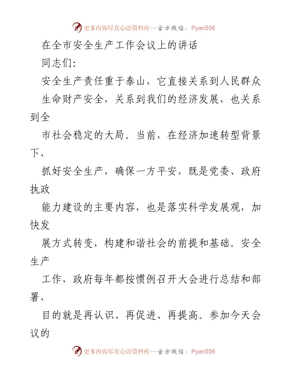 [发言] 全市安全生产工作会议 - 强化安全生产责任，确保经济社会平稳发展.docx_第1页