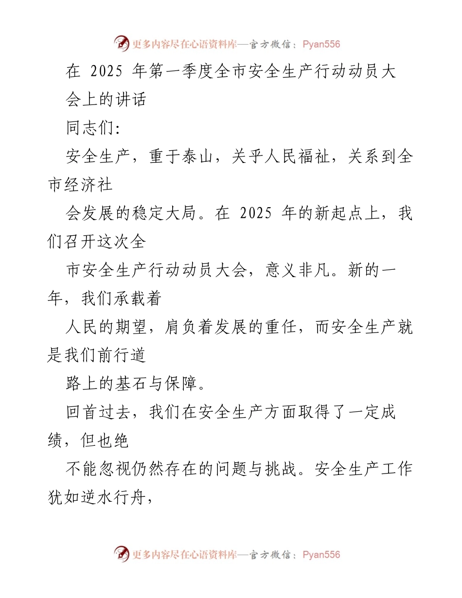 [发言] 全市安全生产行动动员大会 - 强化安全生产，确保人民福祉.docx_第1页