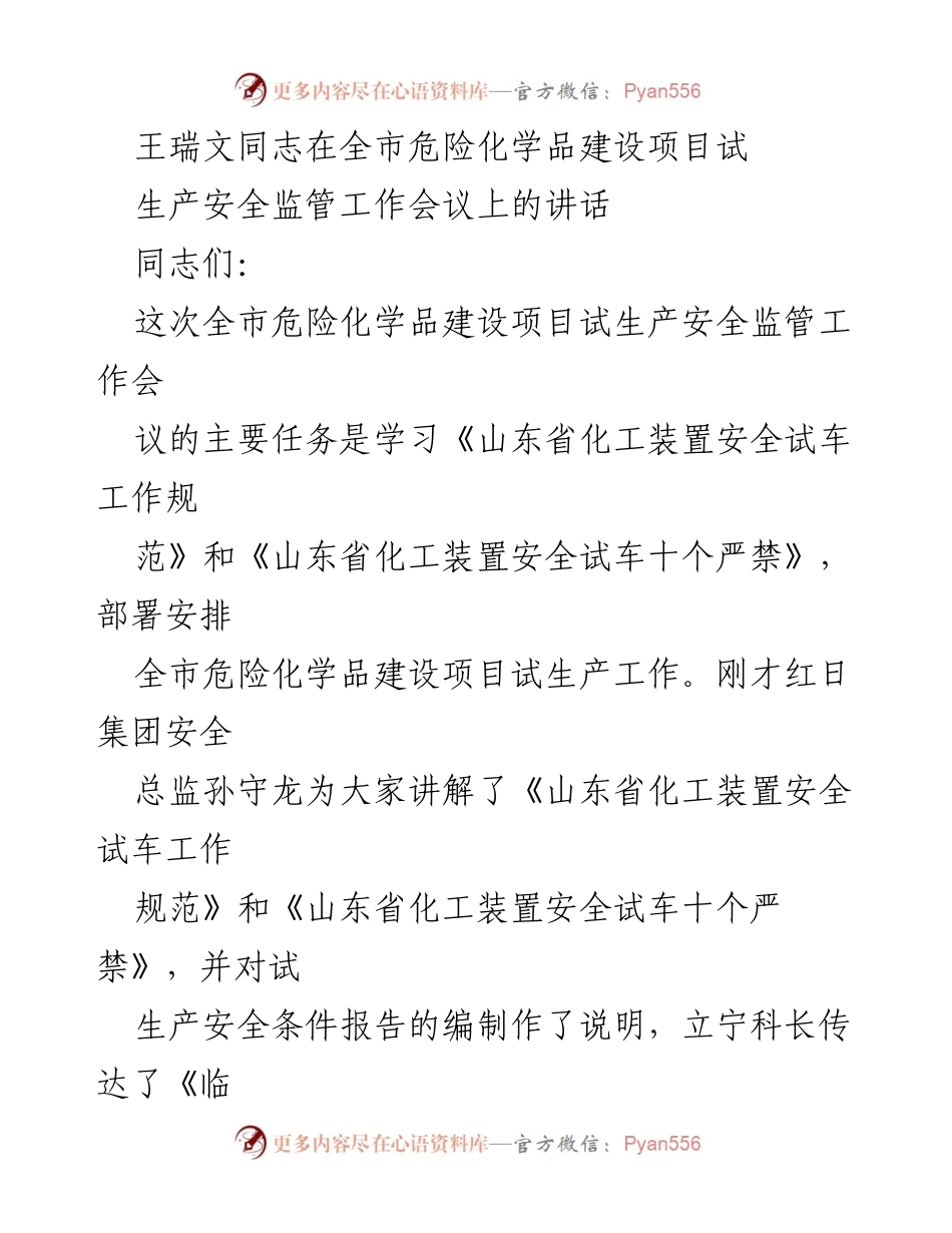 [发言] 全市危险化学品建设项目试生产安全监管工作会议 - 强化安全监管，确保危险化学品试生产安全.docx_第1页