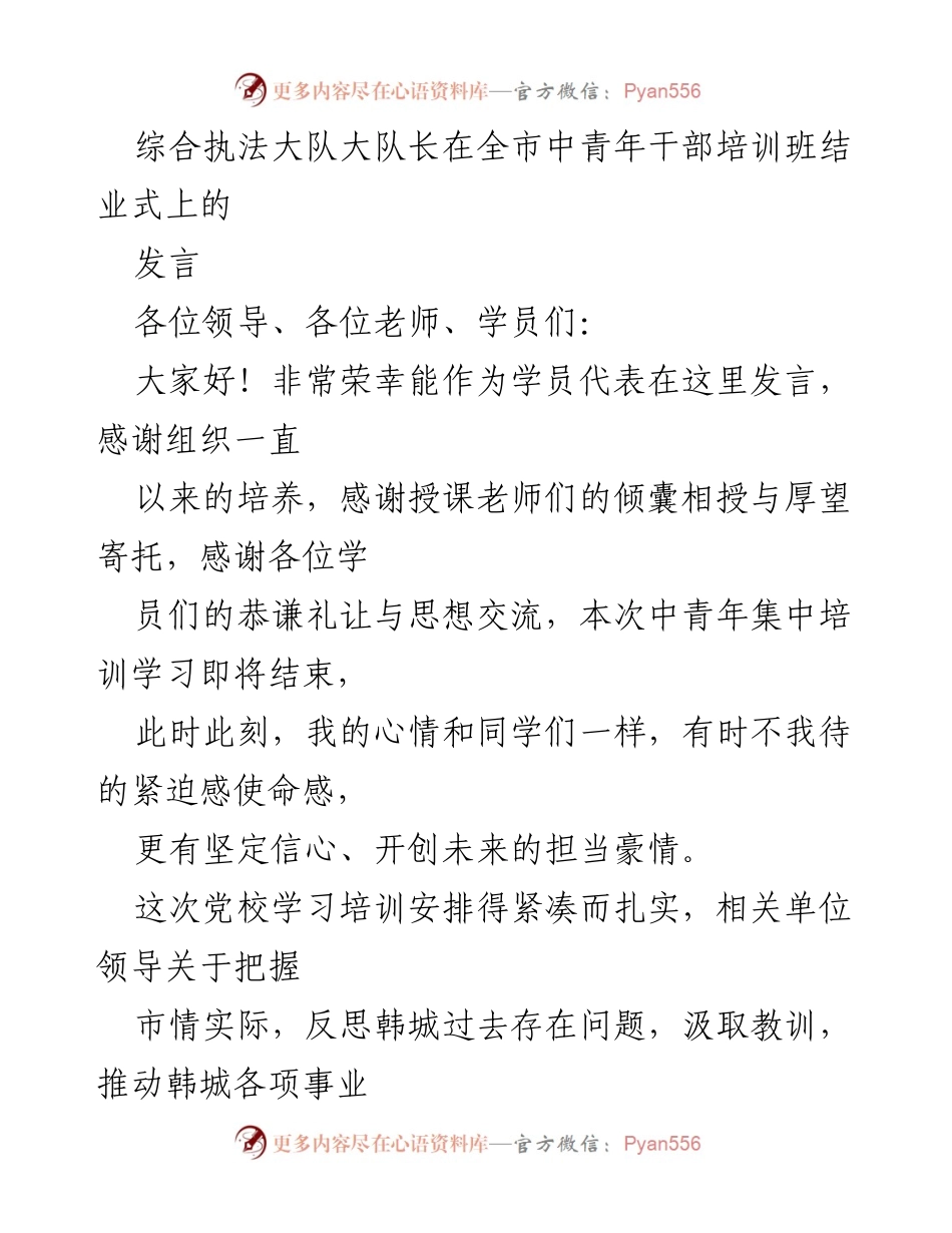 [发言] 全市中青年干部培训班结业式 - 青年干部的使命与担当.docx_第1页
