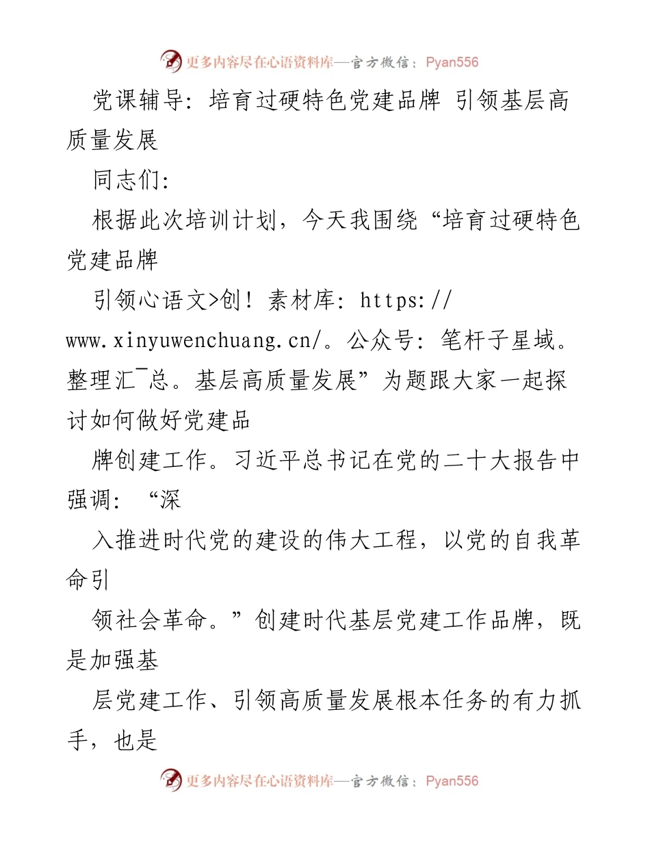 [发言] 党课培训 - 培育特色党建品牌，引领基层高质量发展.docx_第1页