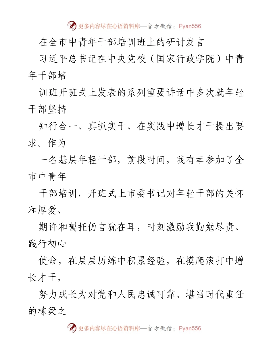 [发言] 全市中青年干部培训班 - 坚持人民至上，勇于担当，做新时代的栋梁之才.docx_第1页