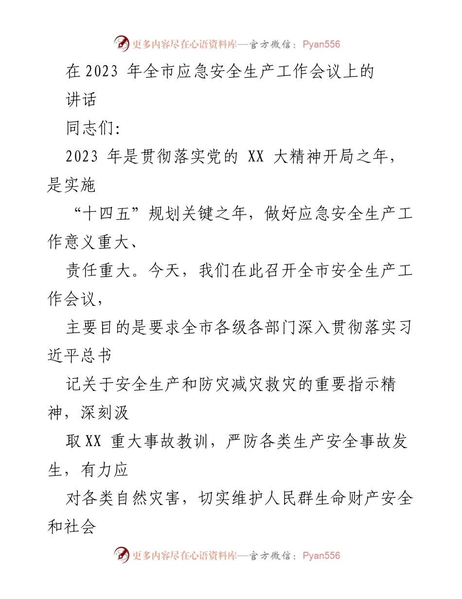 [发言] 全市应急安全生产工作会议 - 加强安全生产责任，确保人民生命财产安全_1.docx_第1页