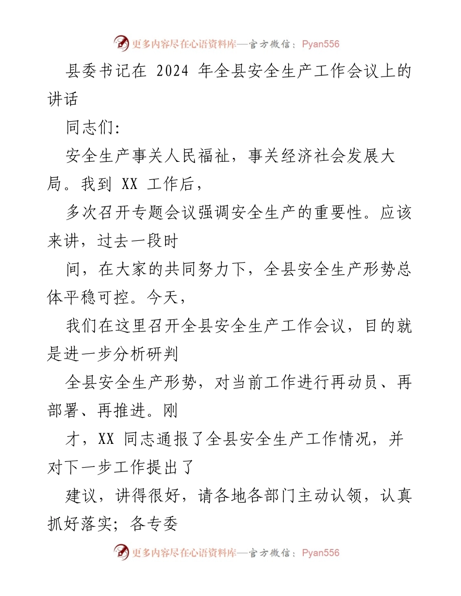 [发言] 全县安全生产工作会议 - 强化安全意识，确保全县安全生产形势稳定.docx_第1页