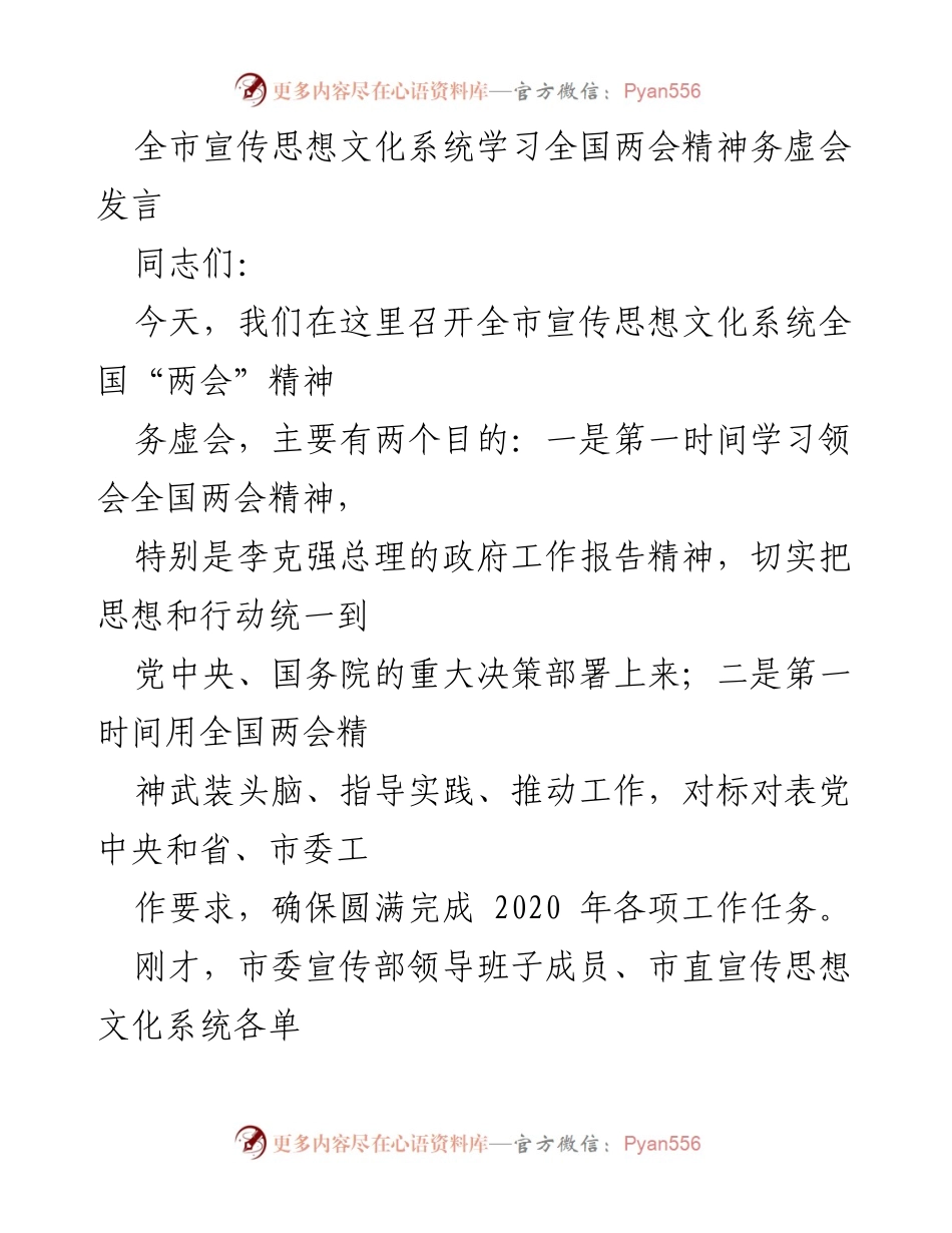 [发言] 全市宣传思想文化系统全国“两会”精神务虚会 - 深入学习全国两会精神，推动宣传工作落实.docx_第1页