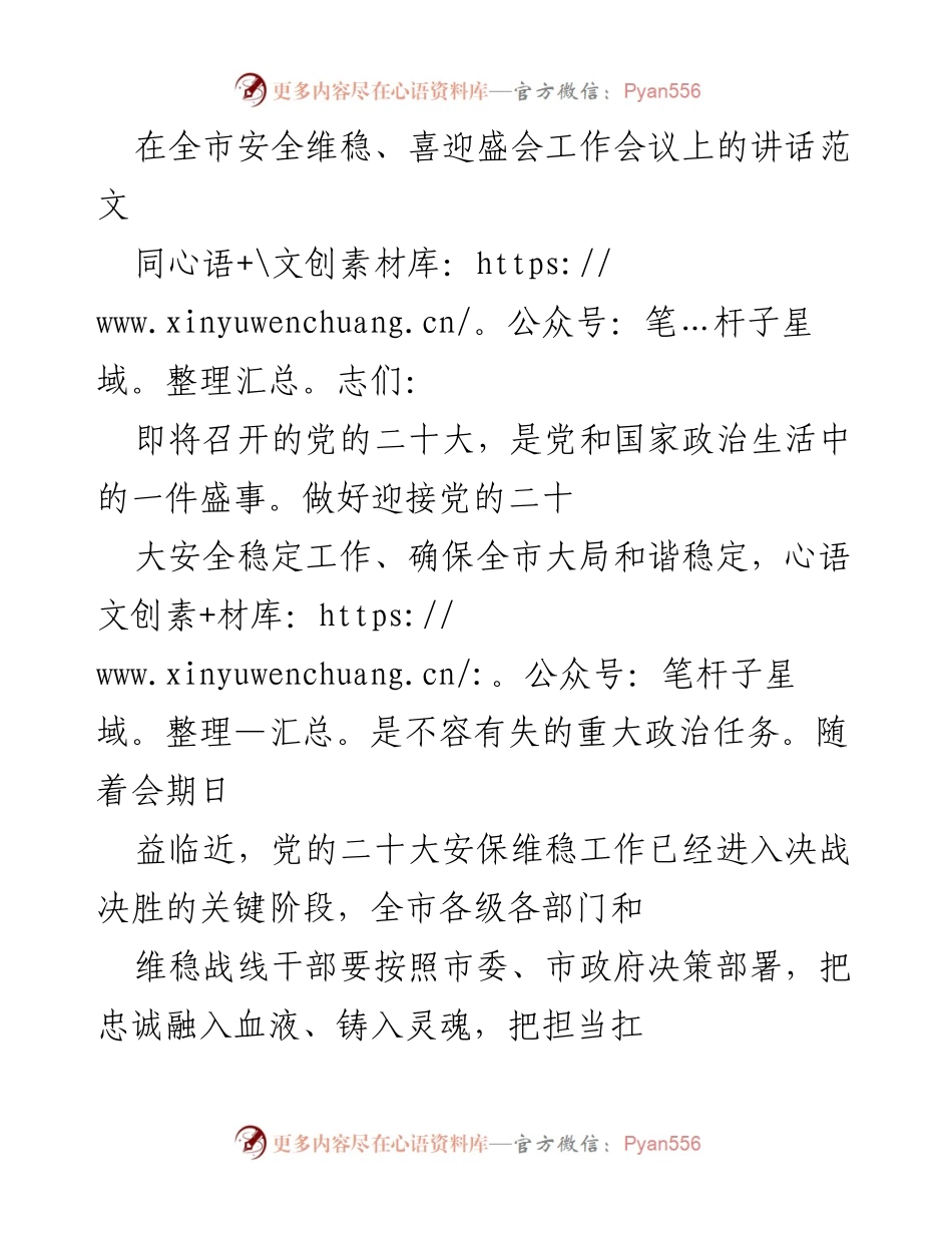 [发言] 全市安全维稳、喜迎盛会工作会议 - 加强安全稳定工作，确保党的二十大顺利召开.docx_第1页