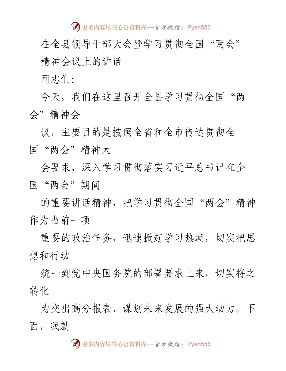 [发言] 全县领导干部大会 - 深入学习贯彻全国“两会”精神的讲话_2.docx_第1页