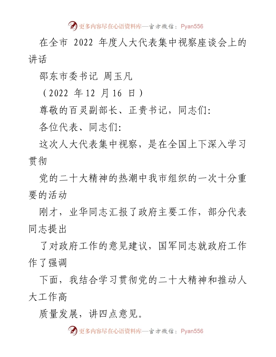 [发言] 全市人大代表集中视察座谈会 - 深入学习贯彻党的二十大精神，推动人大工作高质量发展_1.docx_第1页